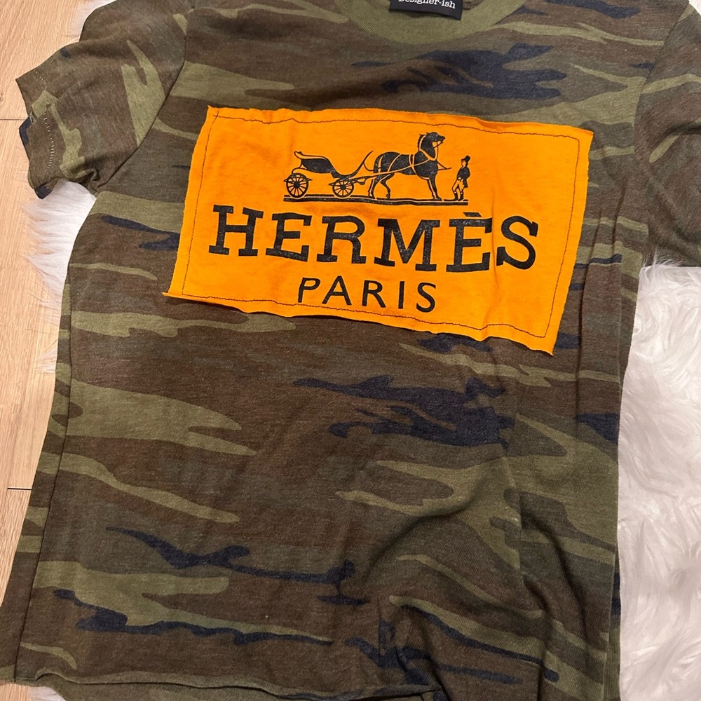 Designer ish tee shirt Hermès Camouflage Tee with Vibrant Orange Logo